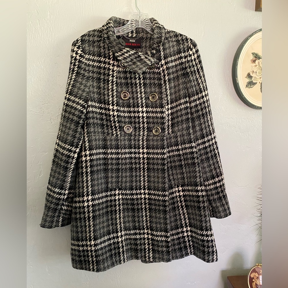 Miss Sixty Swing Coat, Wool, Size Large Houndstooth